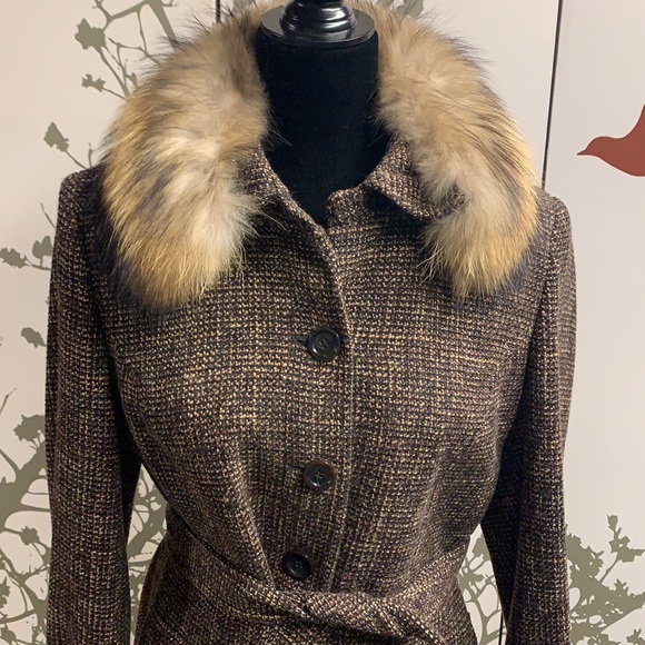 Ann Taylor Brown Tweed Coat with Faux Fur Collar - Picture 2 of 6